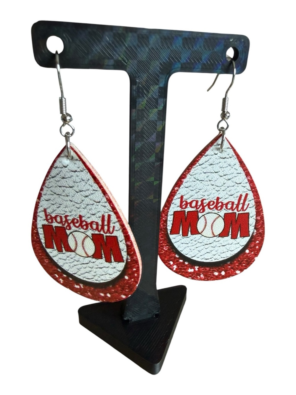 Source Unknown Red and White 'Baseball Mom' Teardrop Earrings